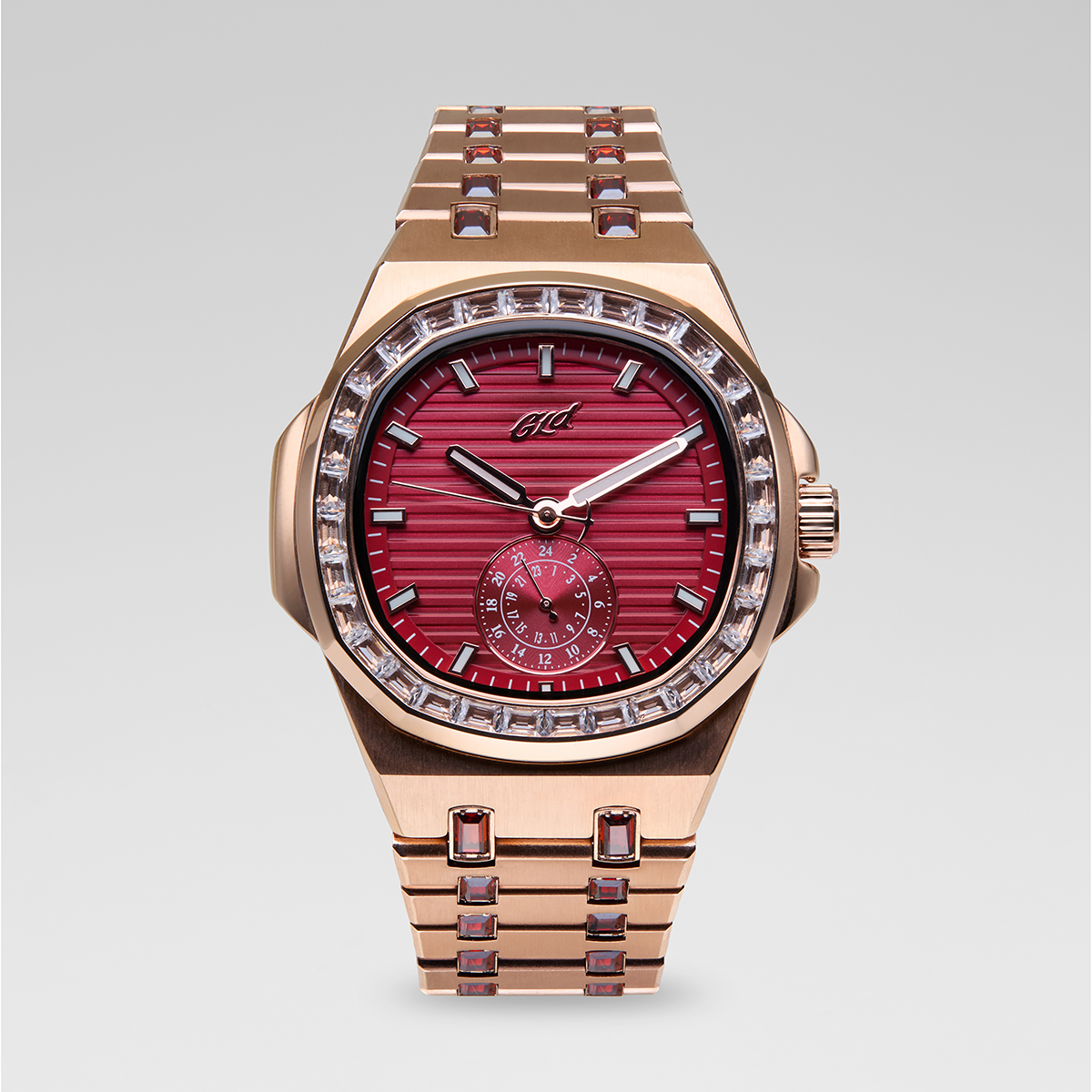 39MM Visionary Iced Ruby Stone Steel Band Watch - Rose Gold