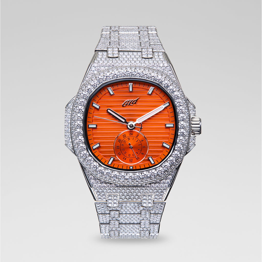 39MM Visionary Fully Iced Case & Orange Dial Watch - White Gold